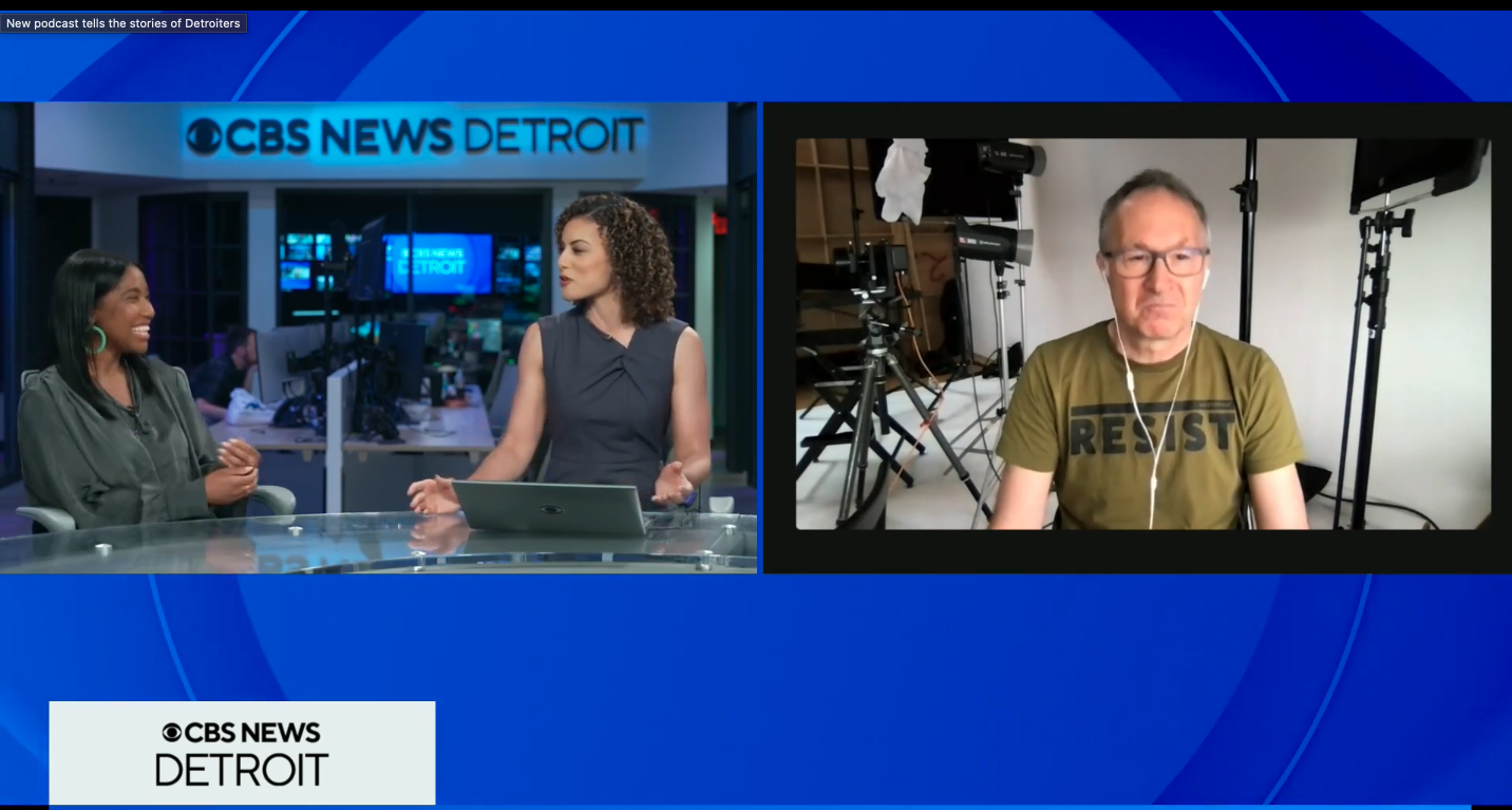 Television news broadcast with two women in studio and a man in a home studio, CBS News Detroit logo visible.