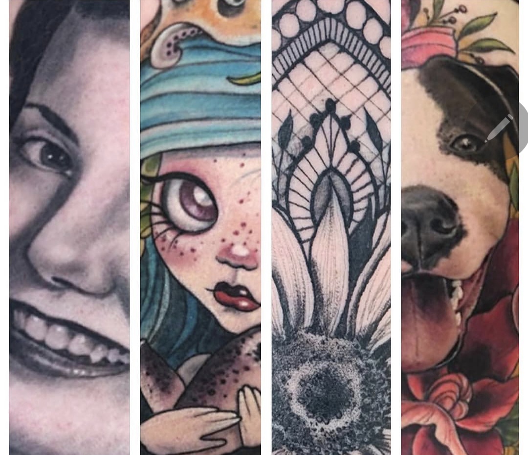 Four vertical sections of different tattoos, including a woman's face, a cartoon girl, a geometric design, and a dog with flowers.
