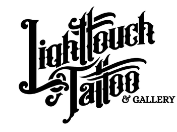 Stylized black text reads 'Lighthouse Tattoo & Gallery' with decorative flourishes.