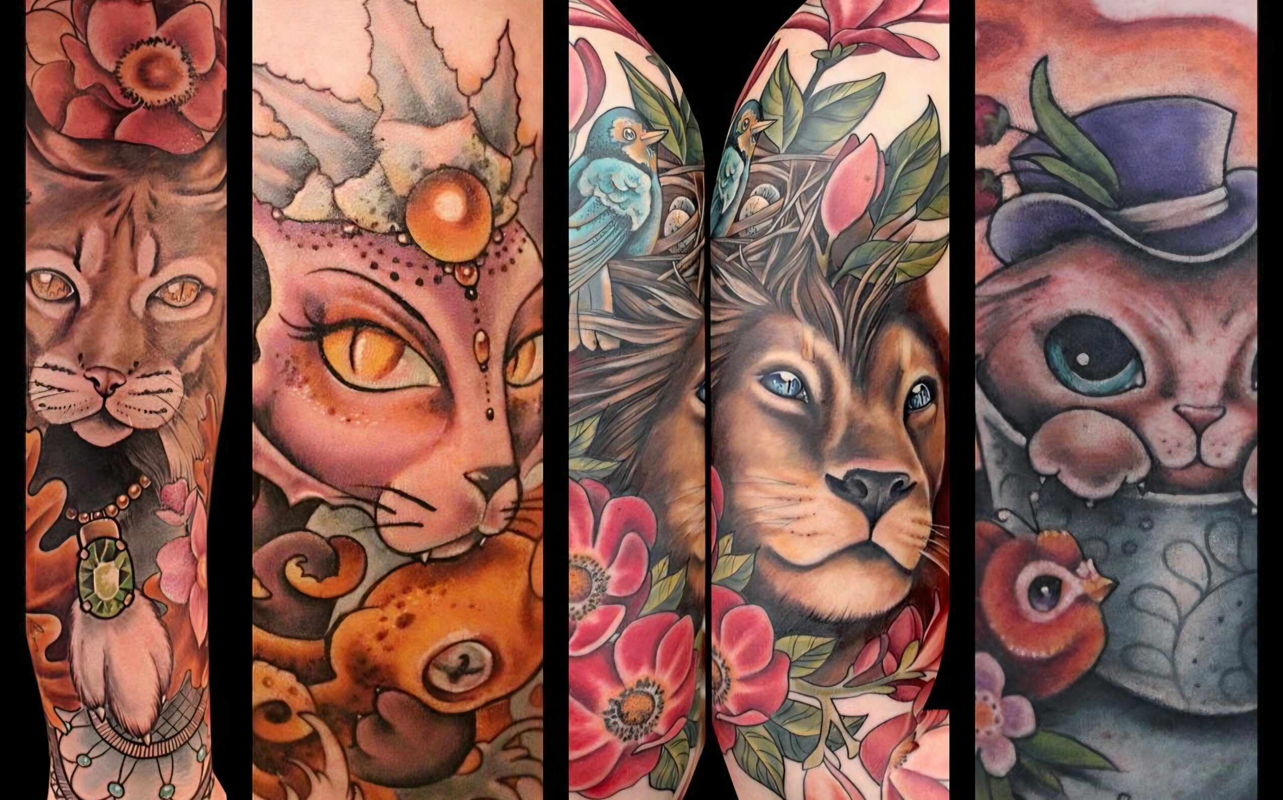 Four vertical tattoo sleeves featuring detailed animal and floral designs, including a lion, cat, dog, and a cat with a hat.