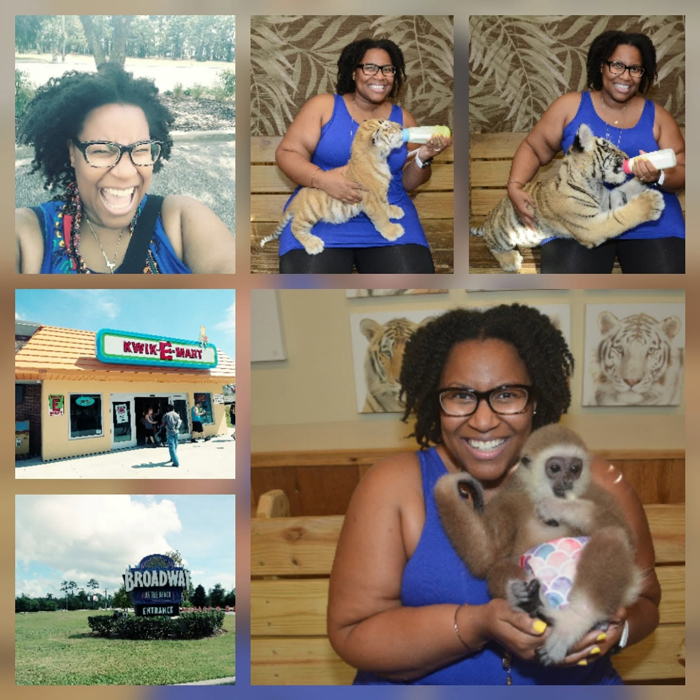 Woman with glasses smiling, holding a kitten, with a tiger and a lemur, in indoor and outdoor settings.