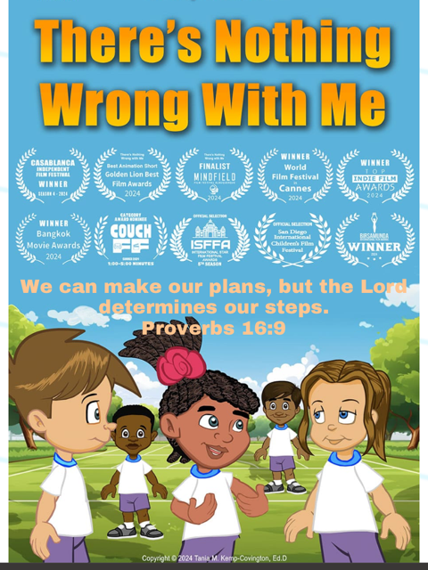 Group of children in soccer uniforms outdoors, with a colorful sky and trees, celebrating teamwork and faith, with a Bible verse.