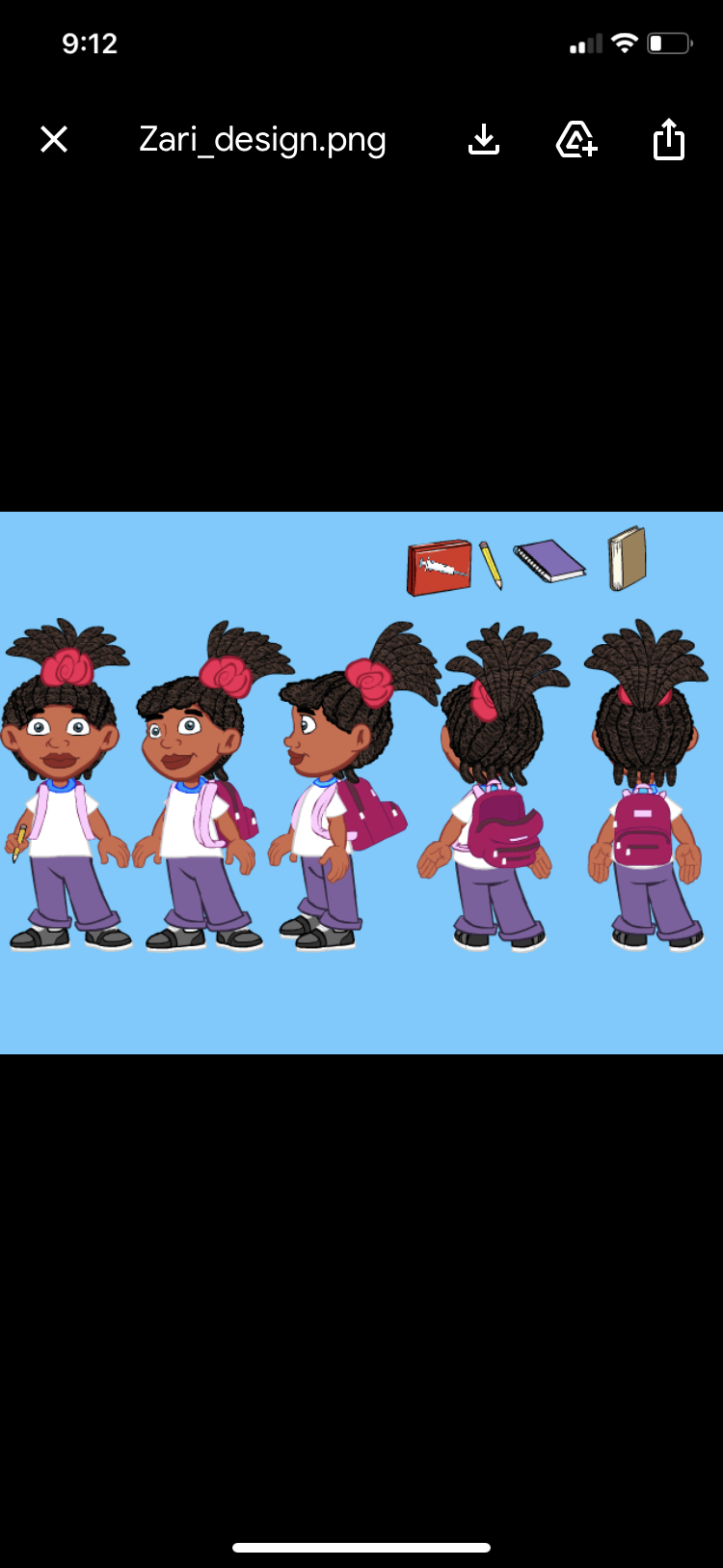 Five cartoon girls with backpacks and puffy hair, standing in a row against a blue background, with books floating above them.