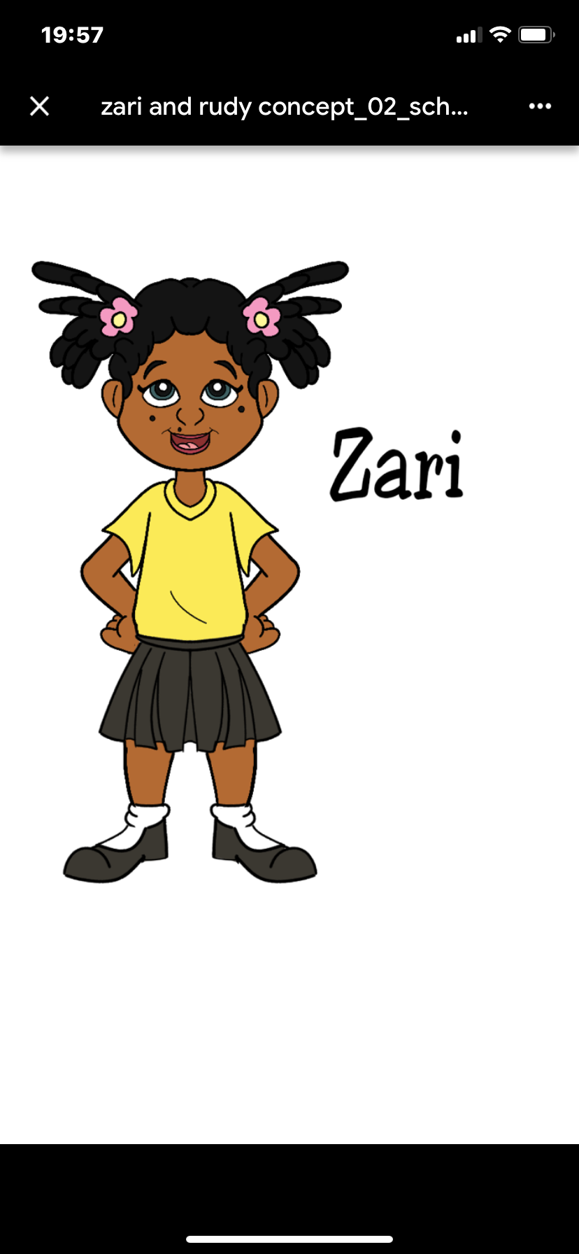 Cartoon girl with pigtails, yellow shirt, black skirt, and shoes, smiling with hands on hips, named Zari.