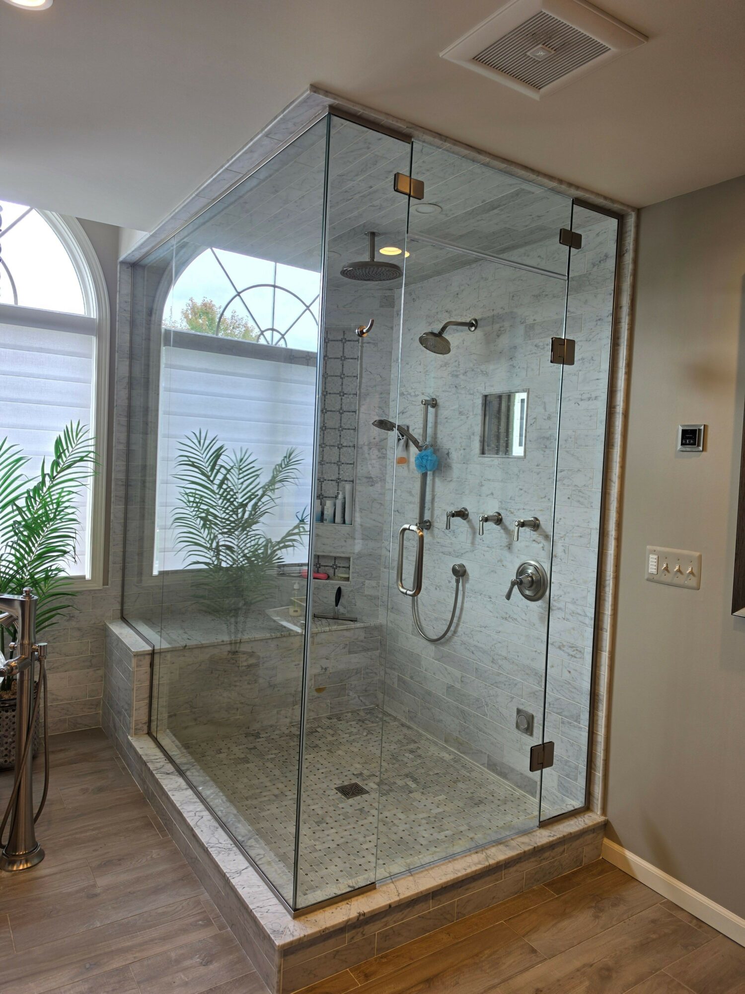 Glass shower enclosure with fixtures, view of window with plants outside, and wooden floor, seen from inside the bathroom.