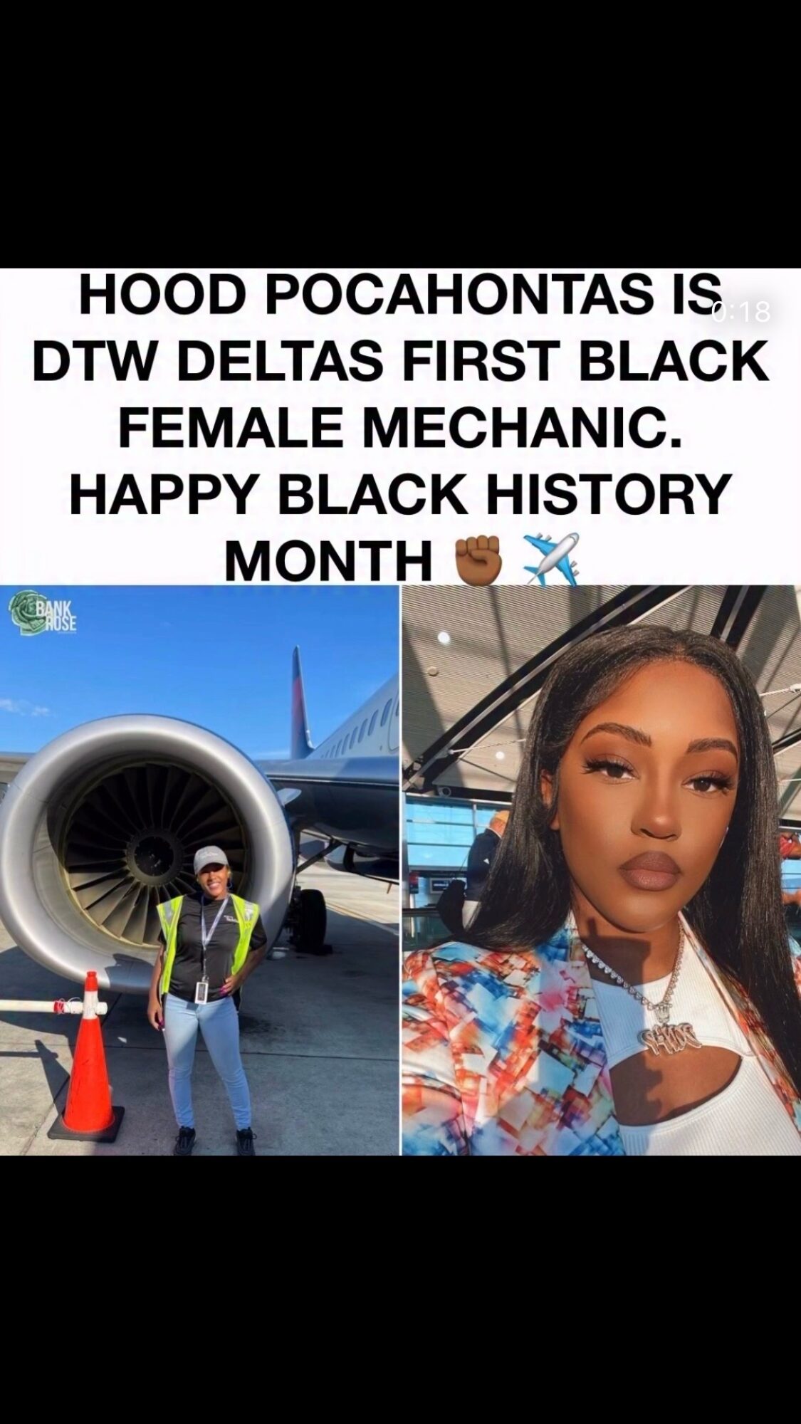 Text celebrating Black History Month with a woman taking a selfie and an airplane engine in the background.