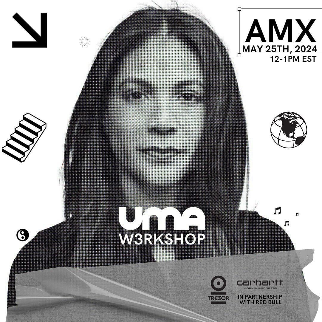 Black and white portrait of a woman with straight hair, with event details and icons around her.