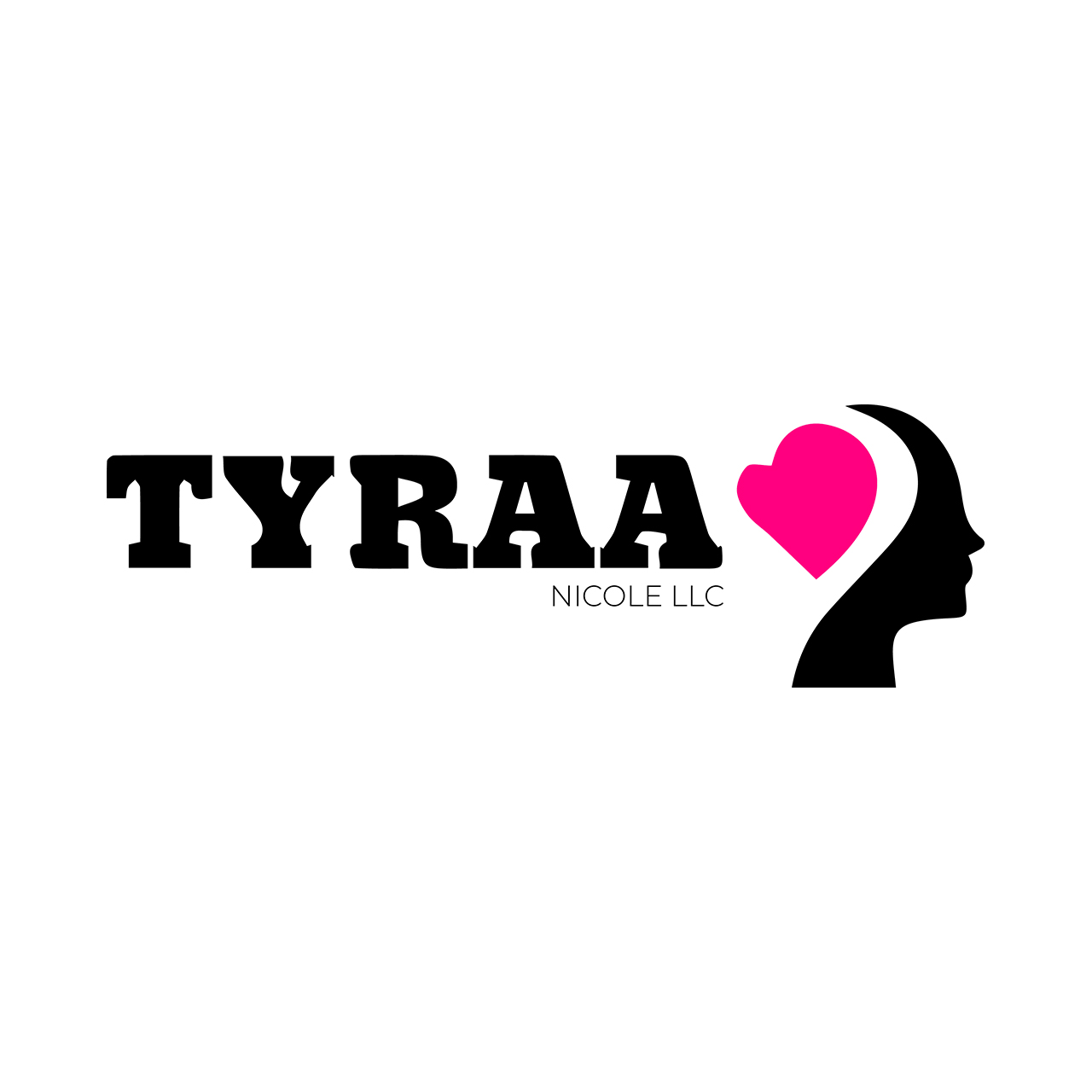 Logo with bold black text 'TYRAA', a pink heart, and a black silhouette of a person's profile, with small text 'NICOLE LLC'.