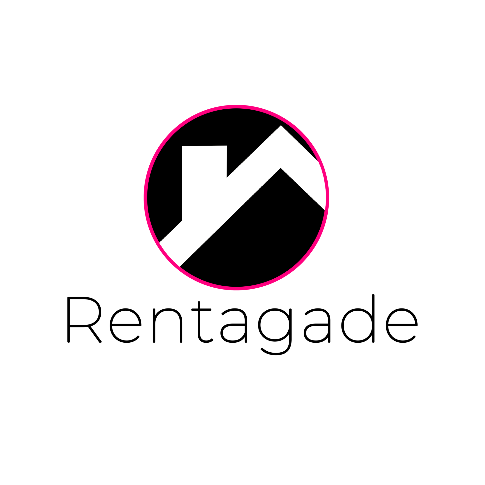 Black background with a white geometric shape inside a pink circle, resembling a stylized house or arrow. 20 words.