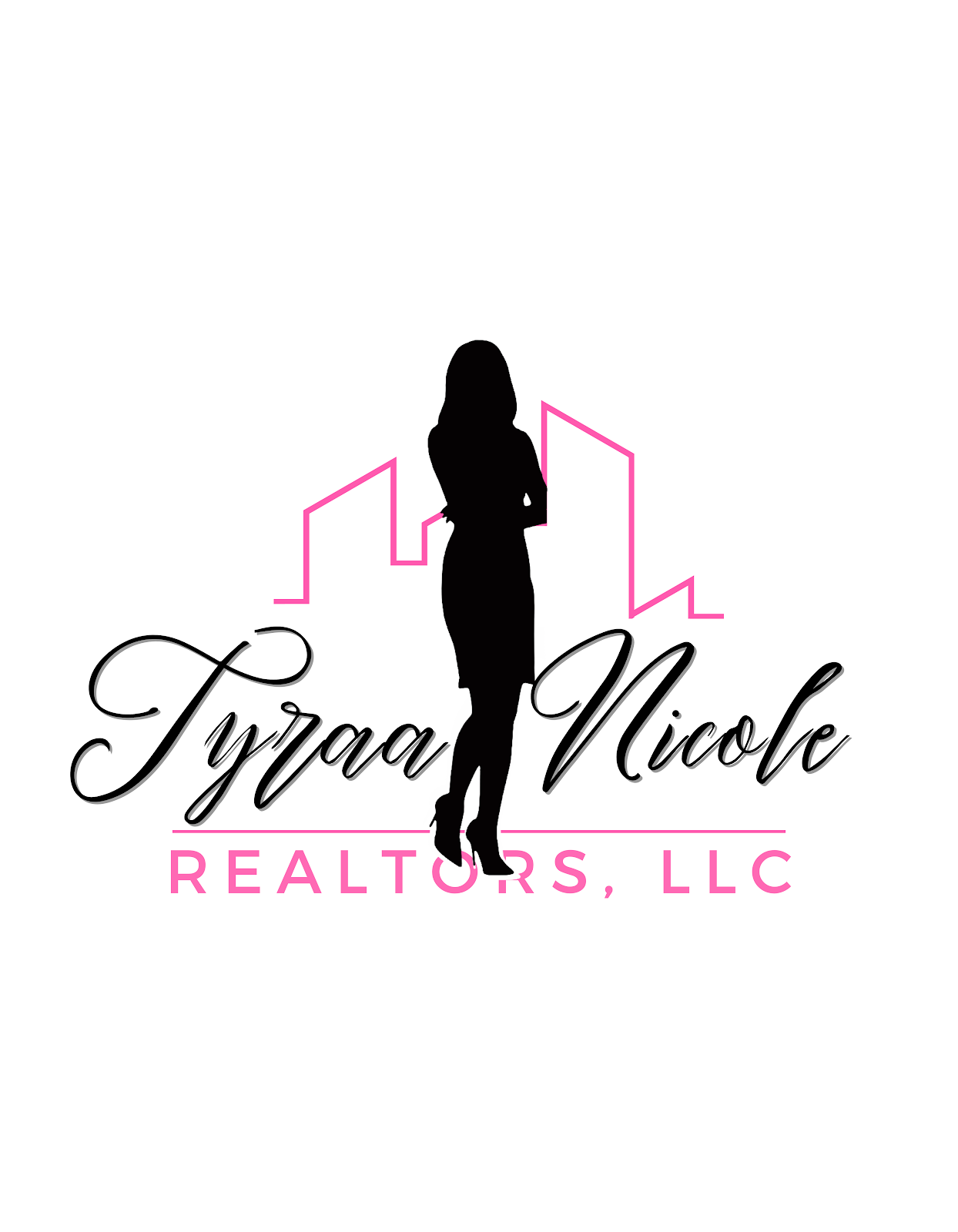 Silhouette of a woman with arms crossed, city skyline outline, text 'Tyraa Nicole REALTORS, LLC', pink and black colors.