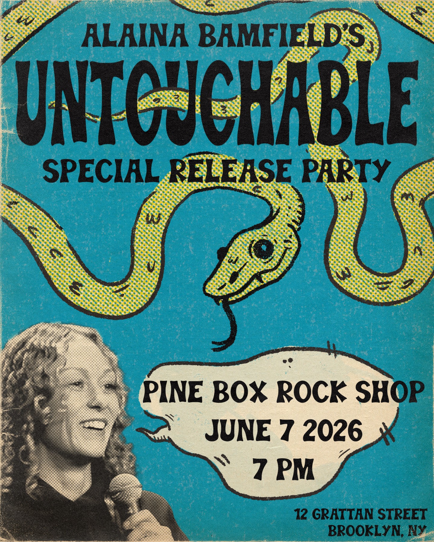Event poster with a snake illustration, a photo of a woman, and text about a release party on June 7, 2026.