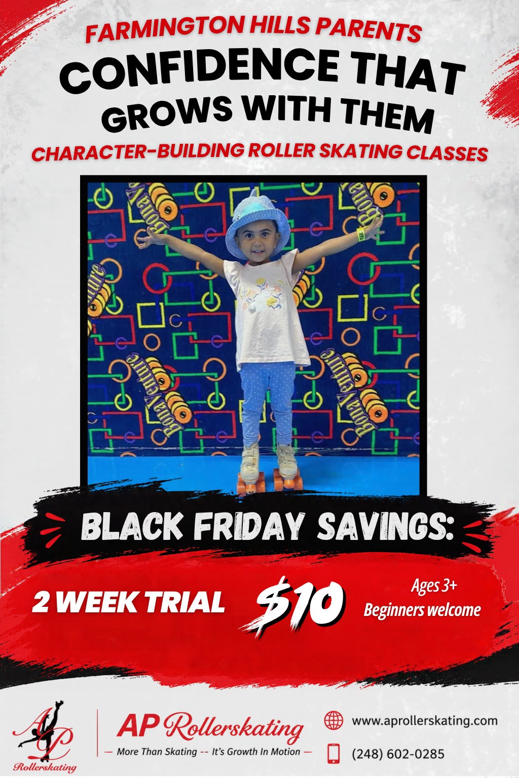 Child in white shirt and blue pants with arms outstretched, standing in front of a colorful roller skating background.
