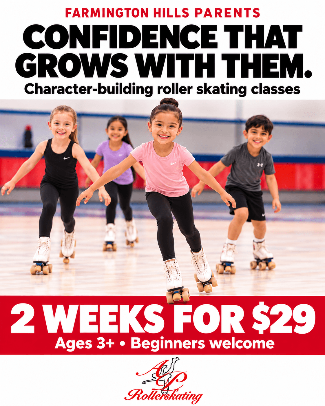Four children roller skating on an indoor rink, smiling and holding hands, with a red and blue barrier in the background.