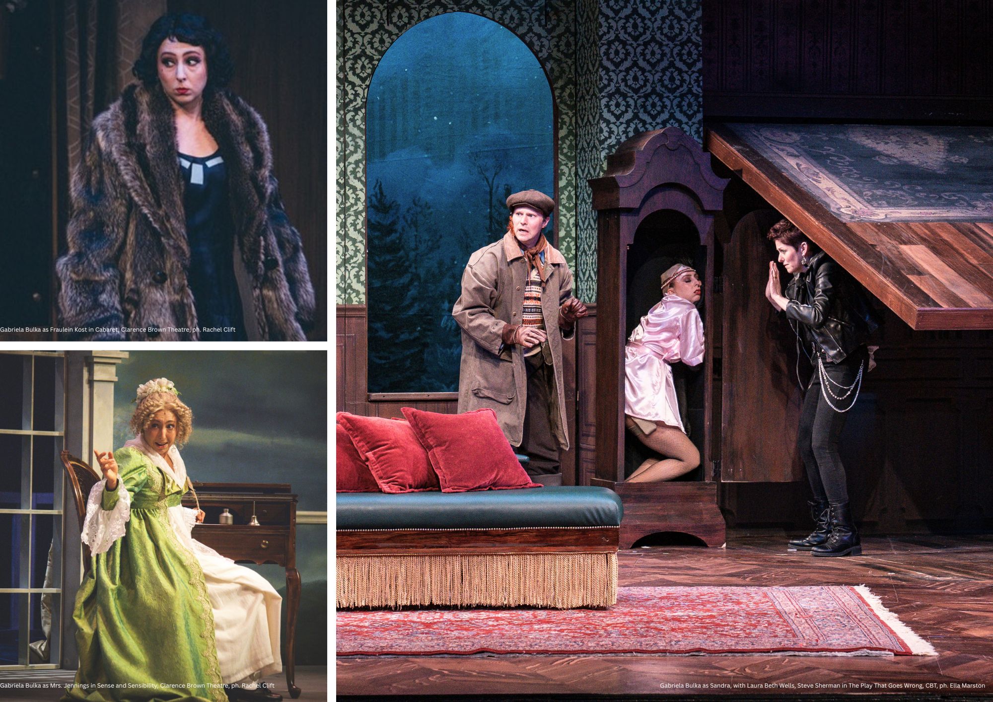 Four scenes from a theatrical performance with actors in costumes on stage and set backgrounds.
