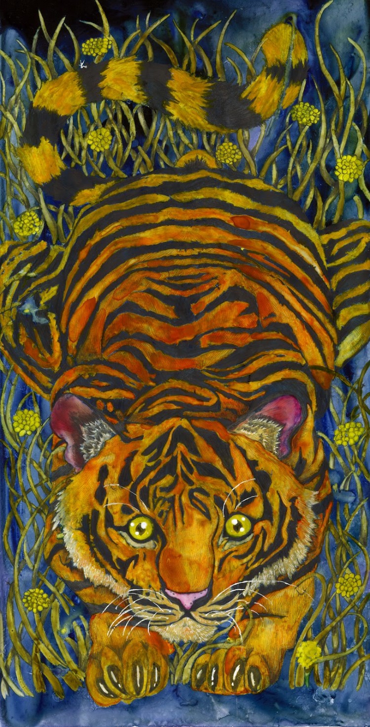 Tiger lying in grass with a snake coiled above it, surrounded by plants and flowers.
