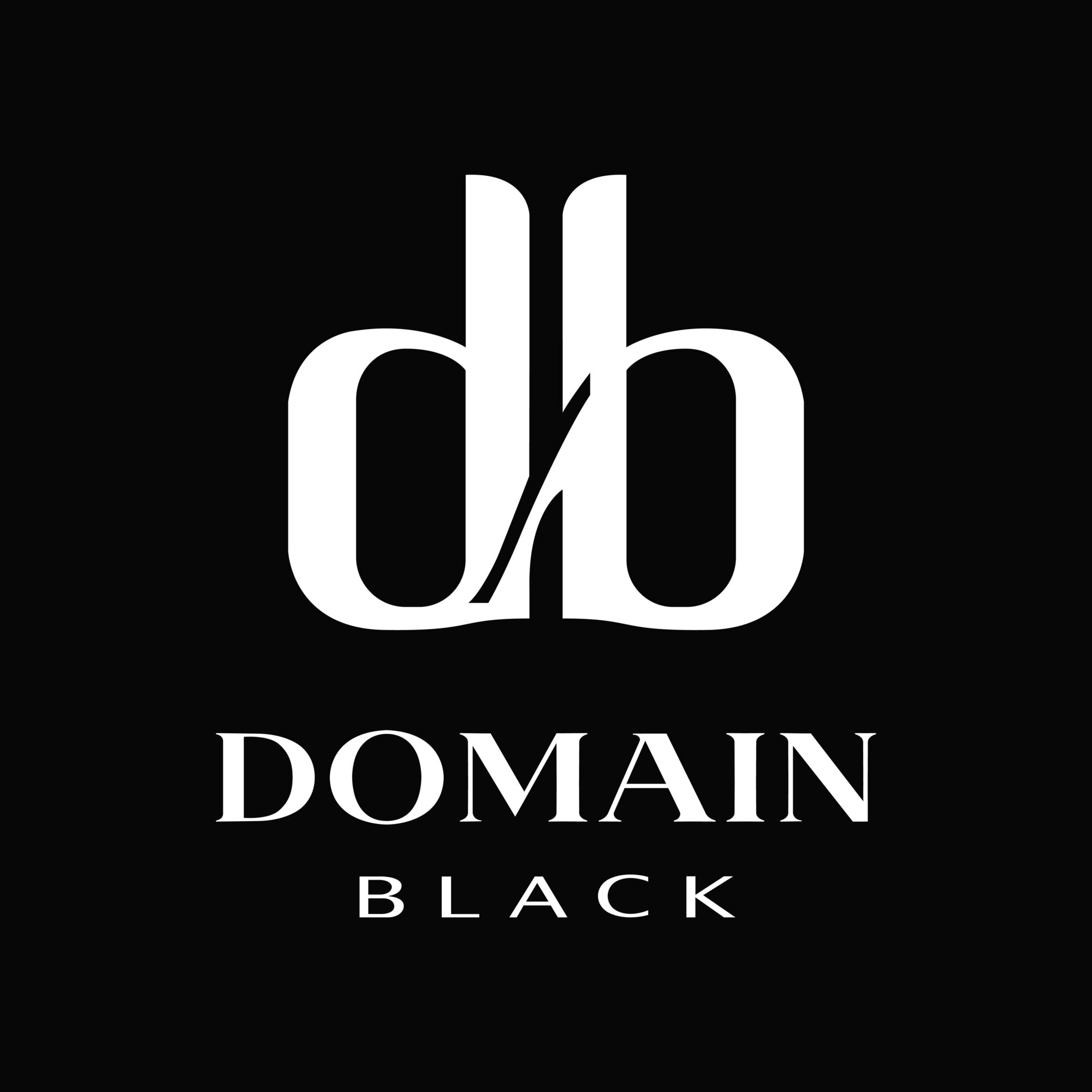 Black background with white stylized lowercase 'd' and 'b' intertwined, and the words 'DOMAIN BLACK' below.
