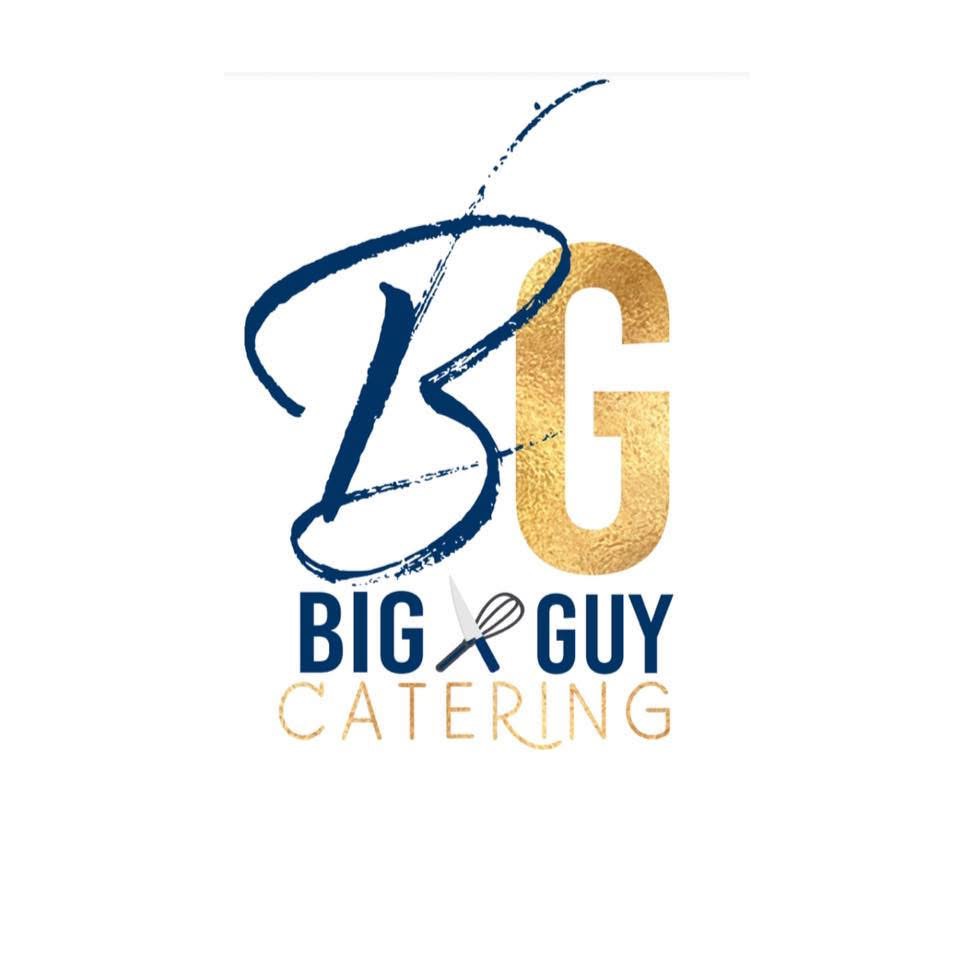 Logo with stylized initials, text 'BIG GUY CATERING', and a small ribbon symbol, in blue and gold colors.