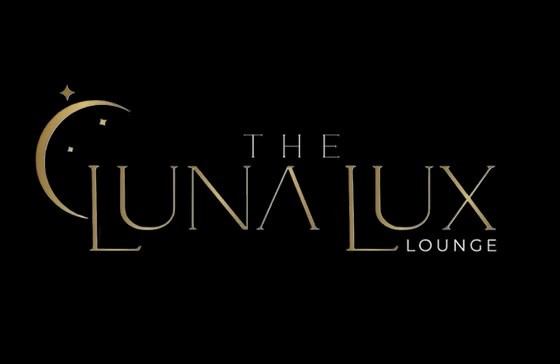 Logo for The Luna Lux Lounge with a crescent moon and stars on a black background.